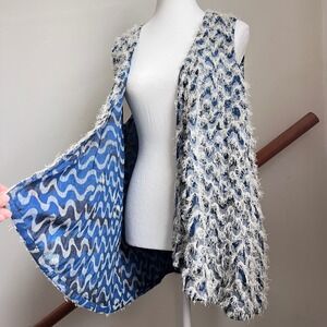 Earthy Artsy Blue Textured Fringe Kimono Vest Cardigan Top Silk‎ Forest Layer